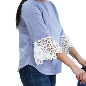 ZARA WOMAN Top, Blue White Pin Striped Cotton Lace Career Casual Office, XS
